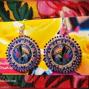 Native American Beaded Hummingbirds Powwow Earrings.